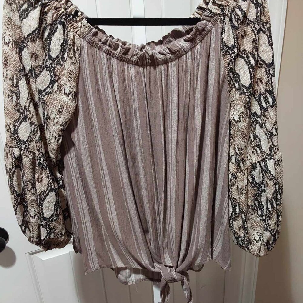 Artistic Designs by Lu, Brown striped fabric with animal print sleeves. Medium